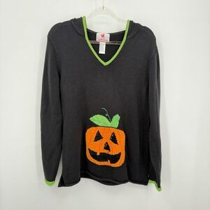 Quacker Factory Womens L‎ Halloween Pumpkin Sweater Hoodie Knit Top